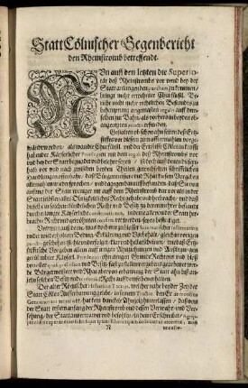 Statt Cölnischer Segenbericht den Rheinstromb betreffendt.