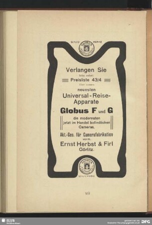 Werbung: Universal-Reise-Apparate Globus F und G, akt.-Ges- für Camerafabrikation Ernst Herbst u. Firl, Görlitz