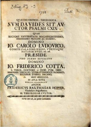 Qvaestio Critico-Theologica Nvm Davides Sit Avctor Psalmi CXIX.