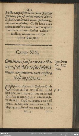 Capu XIX. Continens falsa circa octavum, sed Adversario septimum, argumentum nostrae thesi oppositum