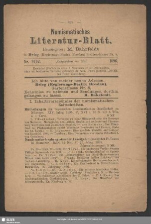 [Jg.17.]1896=Nr.91/95: Numismatisches Literaturblatt