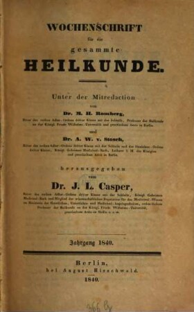 Wochenschrift für die gesammte Heilkunde, 1840