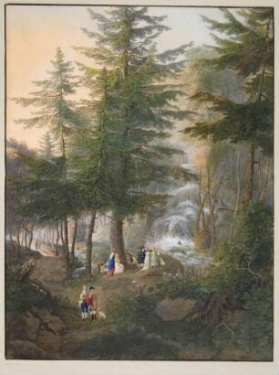 Der Friedrichsgrund zwischen Pillnitz und der Meixmühle am Borsberg bei Dresden mit einer Gruppe Besucher vor dem künstlichen Wasserfall