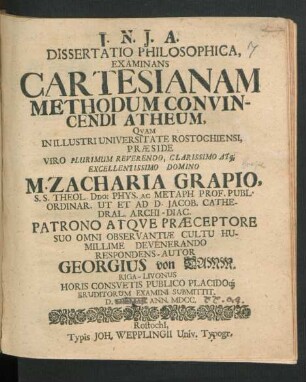 Dissertatio Philosophica, Examinans Cartesianam Methodum Convincendi Atheum