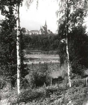 Leisnig. Ortsansicht von Nordosten über die Freiberger Mulde mit Stadtkirche Sankt Matthäus
