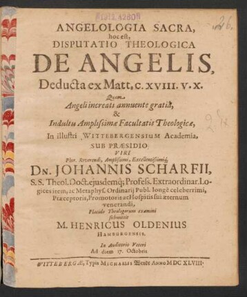 Angelologia Sacra, hoc est, Disputatio Theologica De Angelis, Deducta ex Matt. c. XVIII. v. X.
