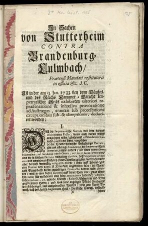 In Sachen von Stutterheim Contra Brandenburg-Culmbach (Druck)