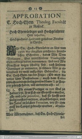 Approbation E. Hoch-Ehrw. Theolog. Facultät zu Rostock