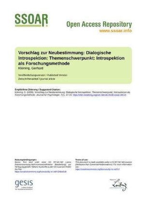 Vorschlag zur Neubestimmung: Dialogische lntrospektion: Themenschwerpunkt: Introspektion als Forschungsmethode