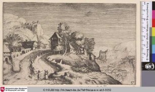 [Landschaft mit einem Pfad einen Hügel hinauf durch ein Dorf; Landscape with a Path up a Mountain Through a Village on the Left]