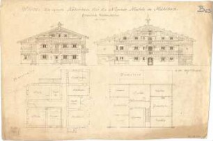 Thiersch, August ; Mühlbach / Südtirol (Italien); Neunermühle, Nebenbau - Grundriss, Grundriss DG, Ansichten