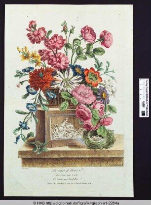 Korb mit Blumen auf einem Sockel, daneben ein Vogelnest mit Eiern.