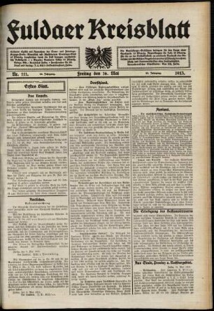 Erste Ausgabe vom Freitag, den 16. Mai 1913.