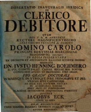 Diss. inaug. iur. de clerico debitore