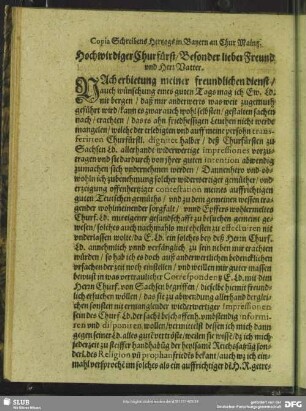 Copia Schreibens Hertzogs in Bayern an Chur Maintz