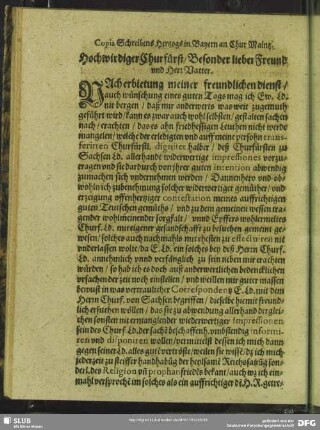 Copia Schreibens Hertzogs in Bayern an Chur Maintz