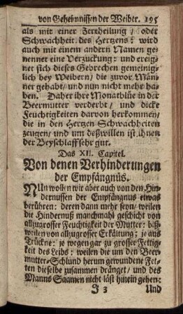 Das XII. Capitel. Von denen Verhinderungen der Empfängnüs.