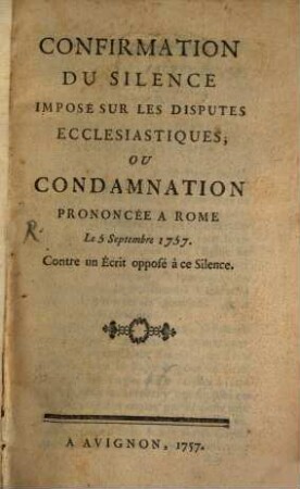 Confirmation du Silence imposé sur les disputes ecclesiastiques