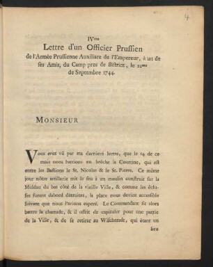 IVme Lettre d'un Officier Prussien de l'Armée Prussienne Auxiliare de l'Empereur, à un de ses Amis, du Camp pres de Bistritz, le 22me de Septembre 1744