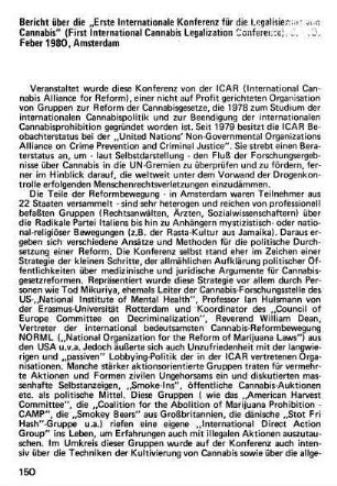150-155, Bericht über die "Erste Internationale Konferenz für die Legalisierung von Cannabis" (First International Cannabis Legalization Conference), 8.-10. Feber 1980, Amsterdam