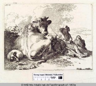 Ein ruhender Schäfer mit drei Tieren.
