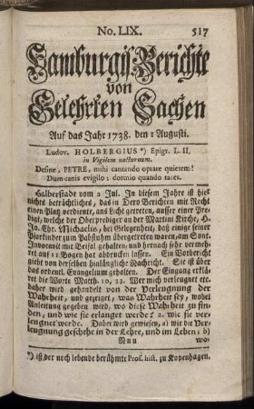 No. LIX. Auf das Jahr 1738. den 1 Augusti. - No. LXVII. Auf das Jahr 1738. den 29 Augusti.
