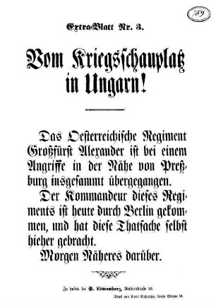 Extra=Blatt N[umme]r 3. Vom Kriegsschauplatz in Ungarn!
