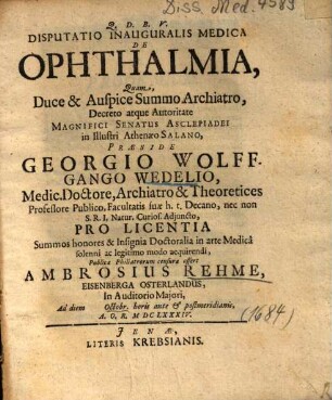 Disputatio Inauguralis Medica De Ophthalmia