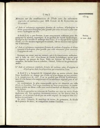Mémoire sur les combinaisons de l'Iode avec les substances végétales et animales