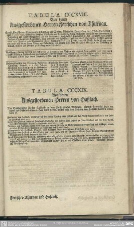 Tabula CCCXVIII. Von denen Ausgestorbenen Herren Förtschen von Thurnau; Tabula CCCXIX. Von denen Ausgestorbenen Herren von Haßlach