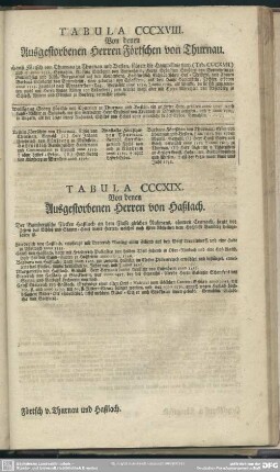 Tabula CCCXVIII. Von denen Ausgestorbenen Herren Förtschen von Thurnau; Tabula CCCXIX. Von denen Ausgestorbenen Herren von Haßlach