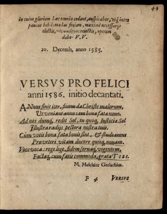 Versus Pro Felici Anni 1586. initio decantati.