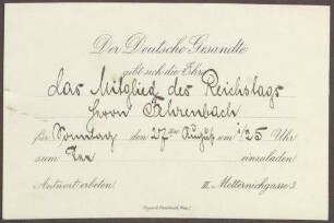 Einladung eines deutschen Gesandten für Constantin Fehrenbach