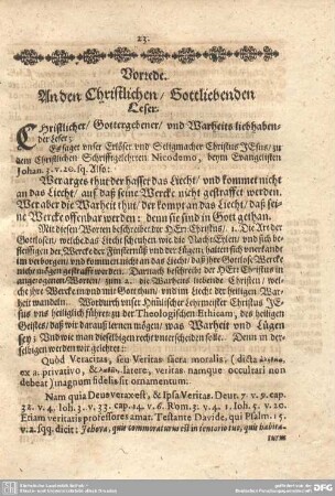 Vorrede. An den Christlichen/ Gottliebenden Leser.