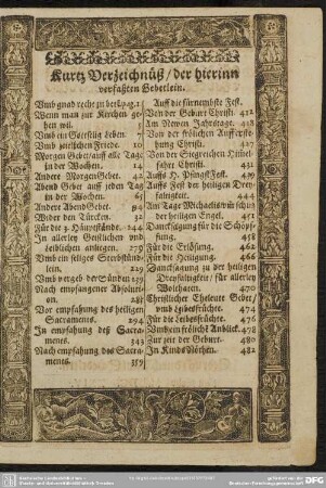 Kurtz Verzeichnüß, der hierinn verfaßten Gebetlein