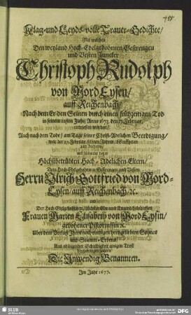 Klag- und Layds-volle Trauer-Gedichte ...