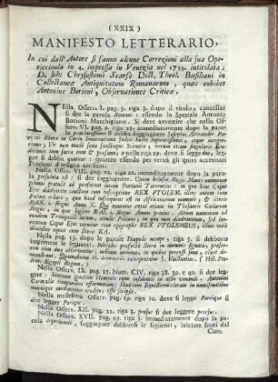 Manifesto Letteraio, In cui dall' autore si fanno alcune Correzioni ...