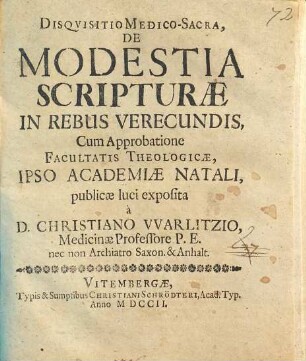 Disquisitio medico-sacra, de modestia Scripturae in rebus verecundis