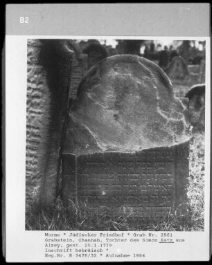 Grabstein von Channah Katz, Tochter des Simon Katz aus Alzey (+ 1779.01.25)