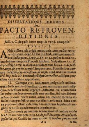 Dissertatio juridica De pacto retrovenditionis, Vom Wiederkauff : ad l. 2. C. de Pact. int. empt. & vend. compos.
