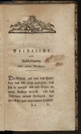 Vorbericht und Ankündigung einer neuen Brochure.