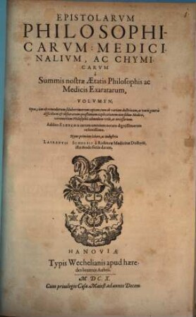 Laurentii Scholzii Epistolarum philosophicarum, medicinalium, ac chymicarum volumen