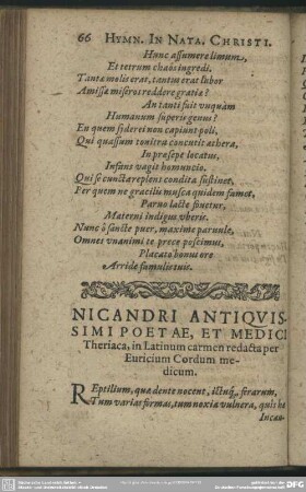 Nicandri Antiquissimi Poetae, Et Medici Theriaca, in Latinum carmen redacta per Euricium Cordum medicum