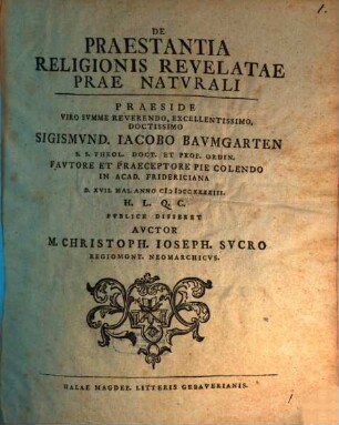 De Praestantia Religionis Revelatae Prae Natvrali
