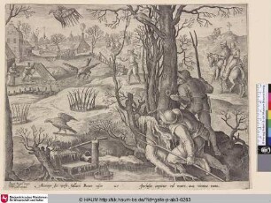 [Falcon hunt with traps in winter; Falkenjagd im Winter mit Fallen]