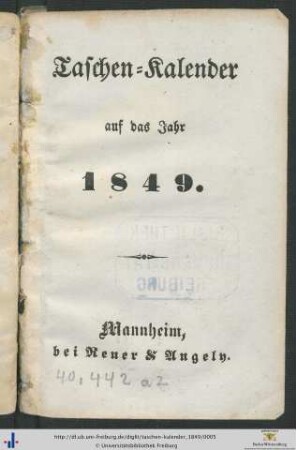 Taschen-Kalender: ... auf das Jahr 1849