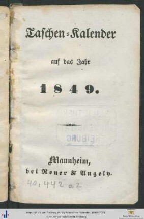 Taschen-Kalender: ... auf das Jahr 1849