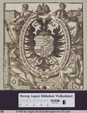 Von vier Personifiaktionen (Gerechtigkkeit, Weisheit, Standhaftigkeit und Mäßigung) umrahmtes Wappen Kaiser Rudolfs II..