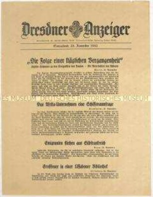 Nachrichtenblatt "Dresdner Anzeiger" u.a. zu französischen Pressestimmen über das Vorrücken deutsch-italienischer Truppen in den unbesetzten Teil Frankreichs