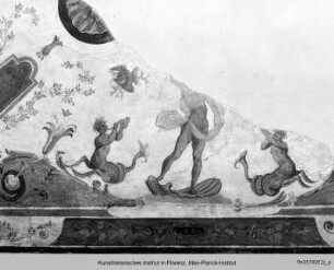 Deckendekoration : Deckenstreifen mit dem Wappen der Strozzi und der Bandini, reitenden Brautleuten und einem Fries mit den Geschichten des Adonis und des Perseus